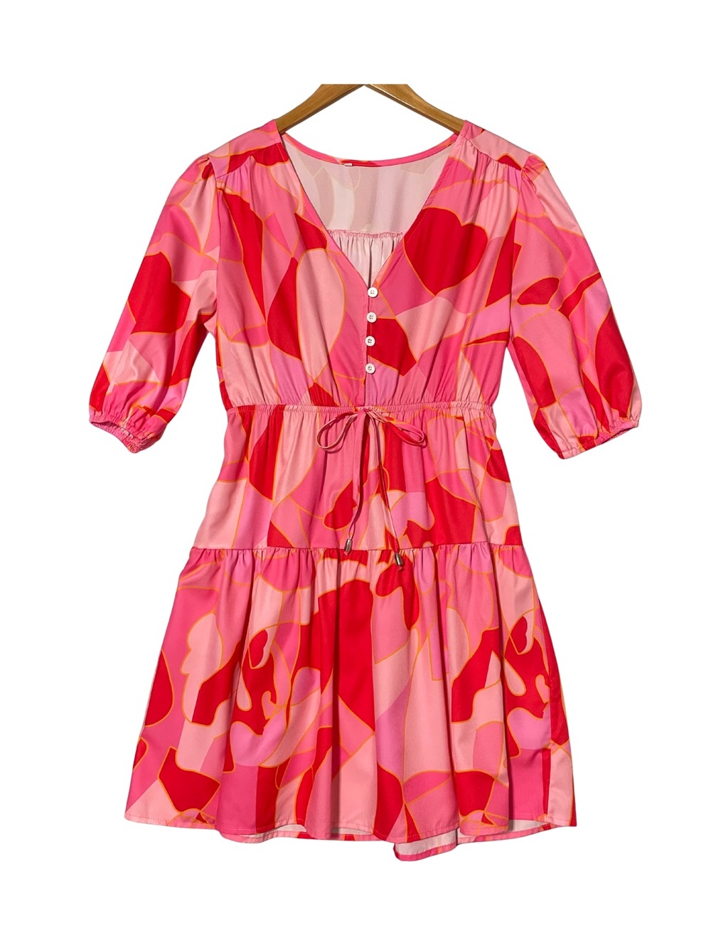 Women’s Medium Pink Abstract Print Tiered Mini Dress 3/4 Sleeve Elastic Waist